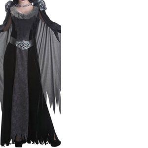 Death Queen Halloween Costume Medium Black Gray Fur Trim Dress Party Womens